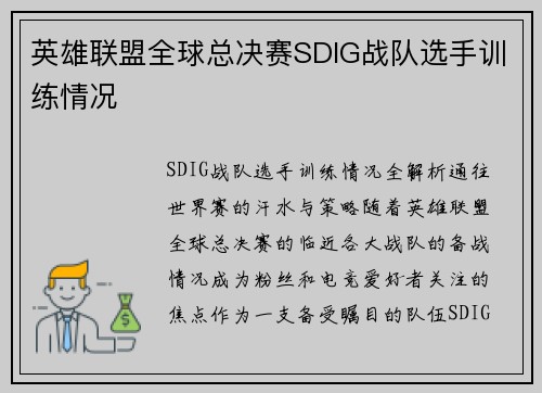英雄联盟全球总决赛SDIG战队选手训练情况