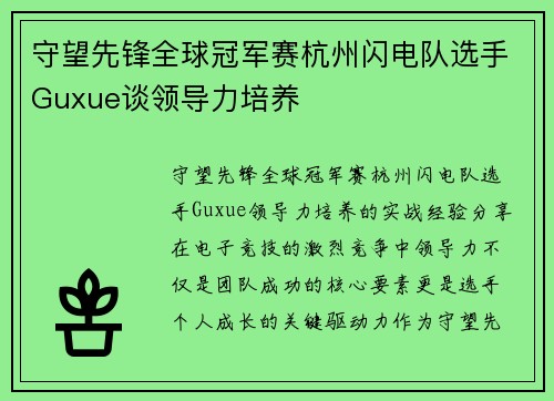 守望先锋全球冠军赛杭州闪电队选手Guxue谈领导力培养